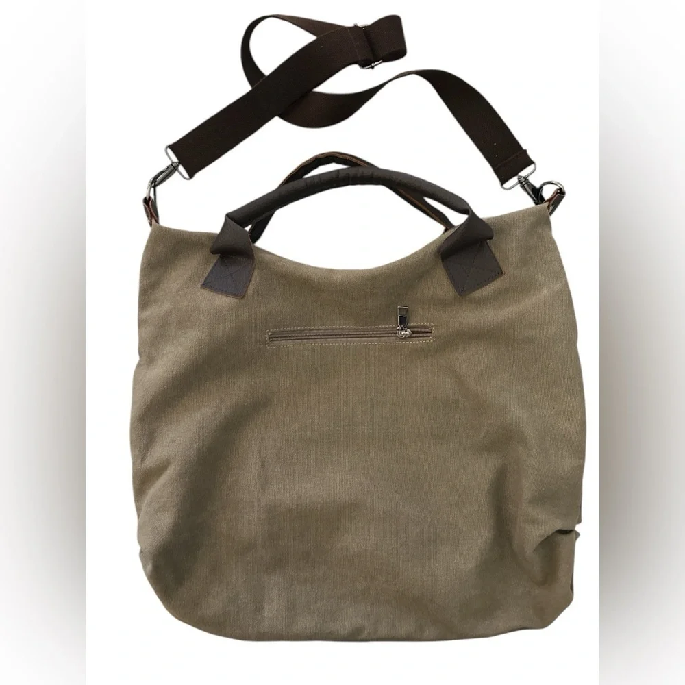 K2 Classic Fashion The Genova Hobo Tote Bag Green Canvas & Leather 18”x16”